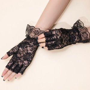 Black Lace Gloves Stretch Glamorous Victorian Fingerless Ruffled Wrist